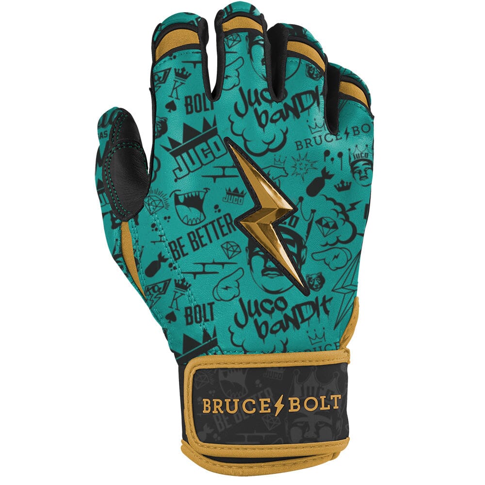 Mint and gold batting glove featuring graffiti patterns and a central gold lightning bolt.