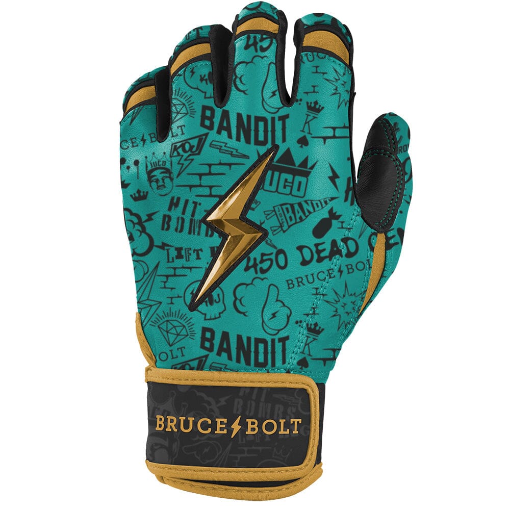 Mint and gold batting glove with black graffiti-style text and a central gold lightning bolt.