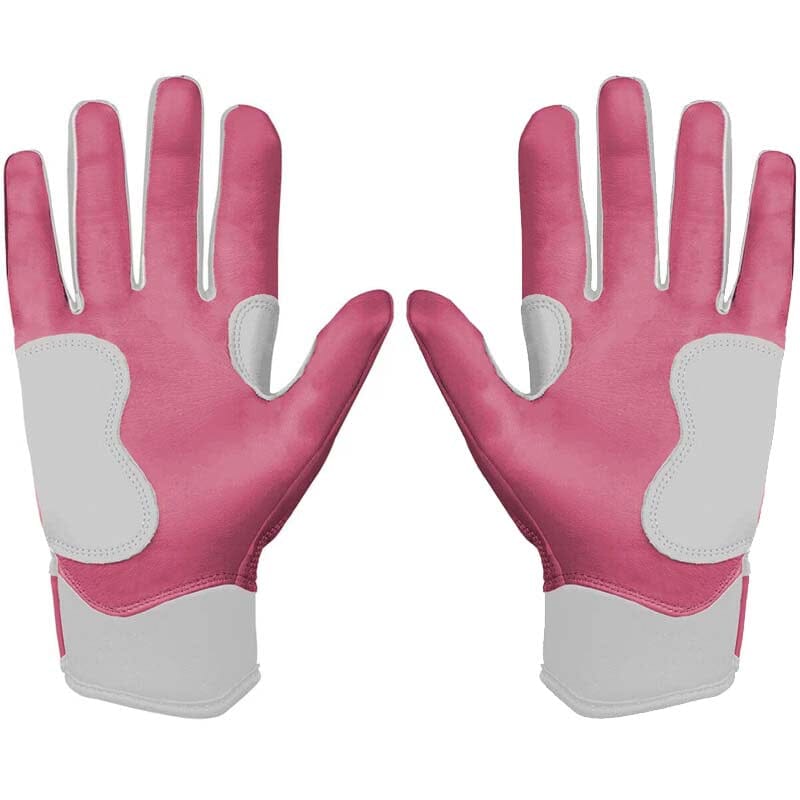 Dusty pink batting gloves with light gray palms and short cuffs.