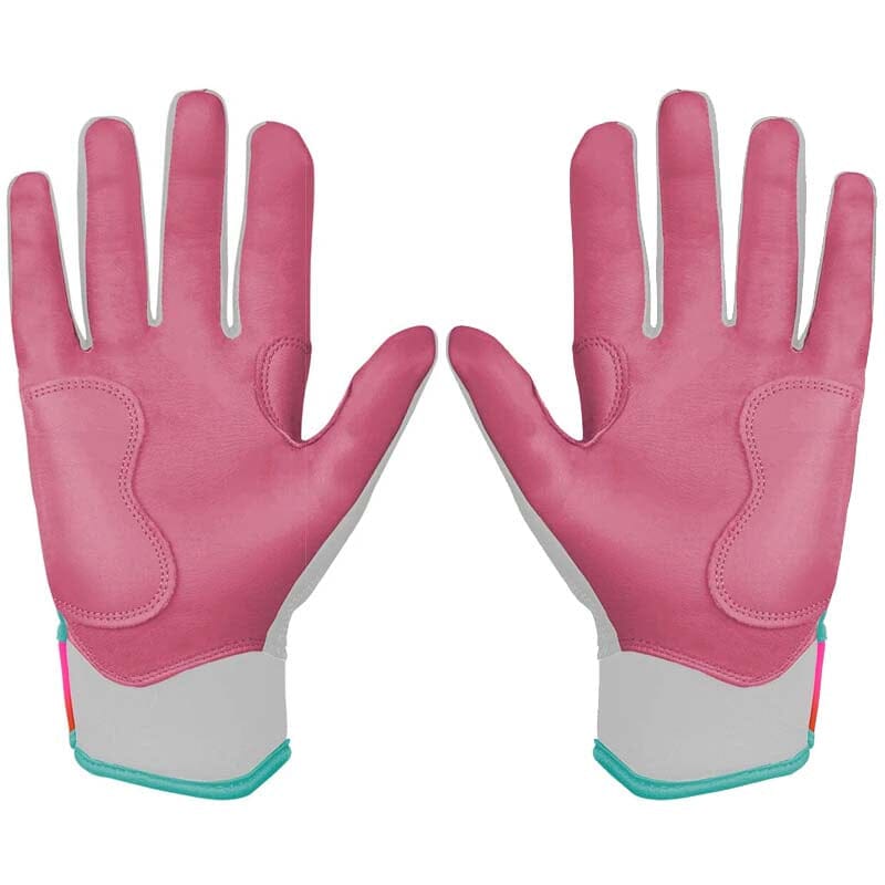 Pair of pink and grey short-cuff batting gloves with teal trim.