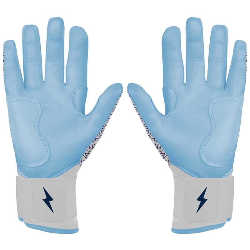 Pair of light blue and white batting gloves with long cuffs and a dark blue lightning bolt logo on the wrist strap.