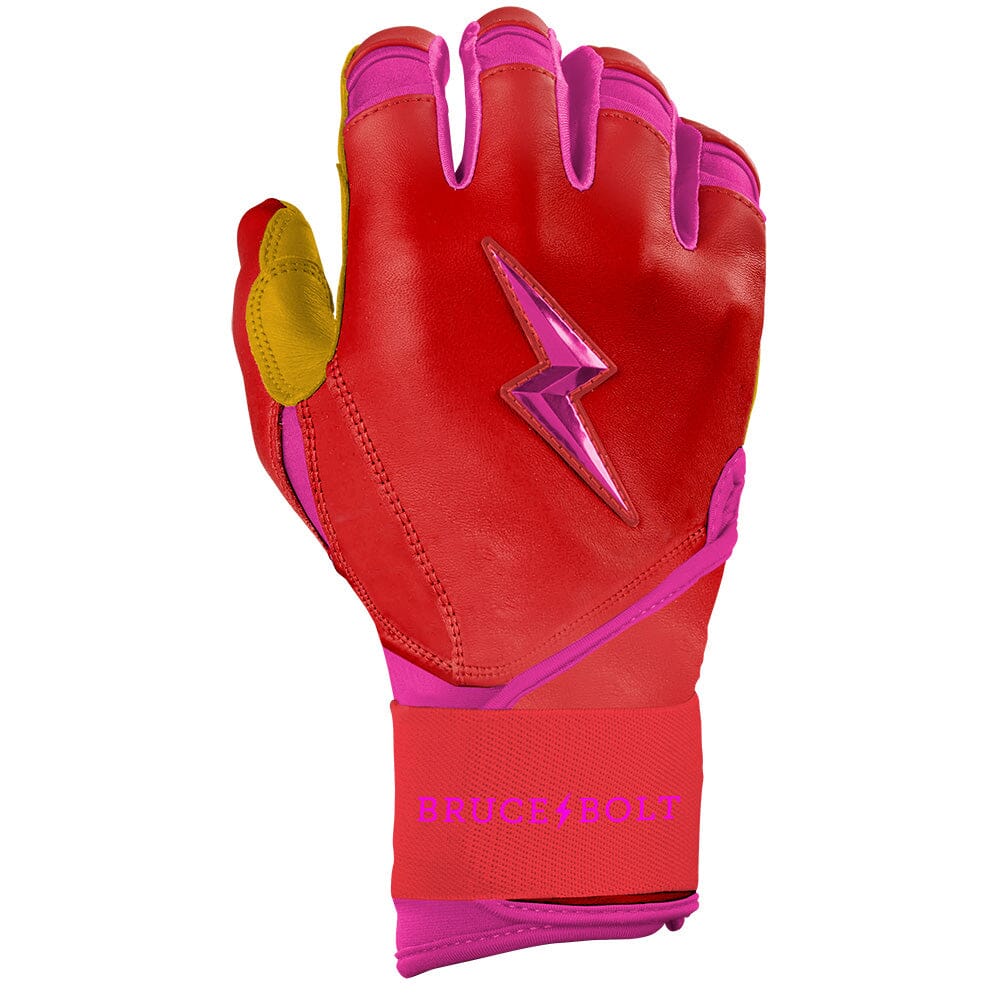 Red and pink long cuff batting glove with a metallic pink lightning bolt logo on the backhand.