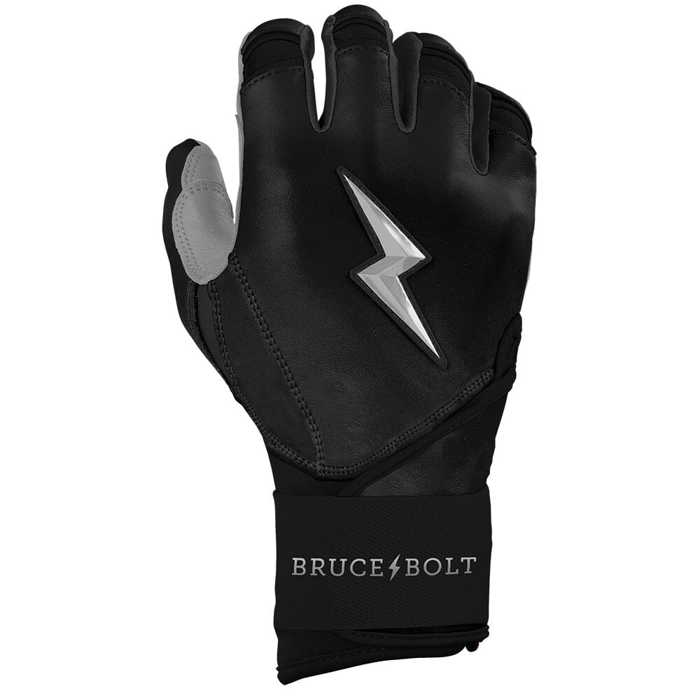 Black batting glove with a silver lightning bolt logo and long wrist cuff.