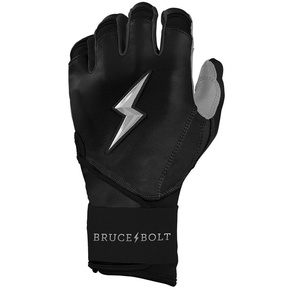 Black long cuff batting glove with a chrome lightning bolt logo and Bruce Bolt branding on the wrist.