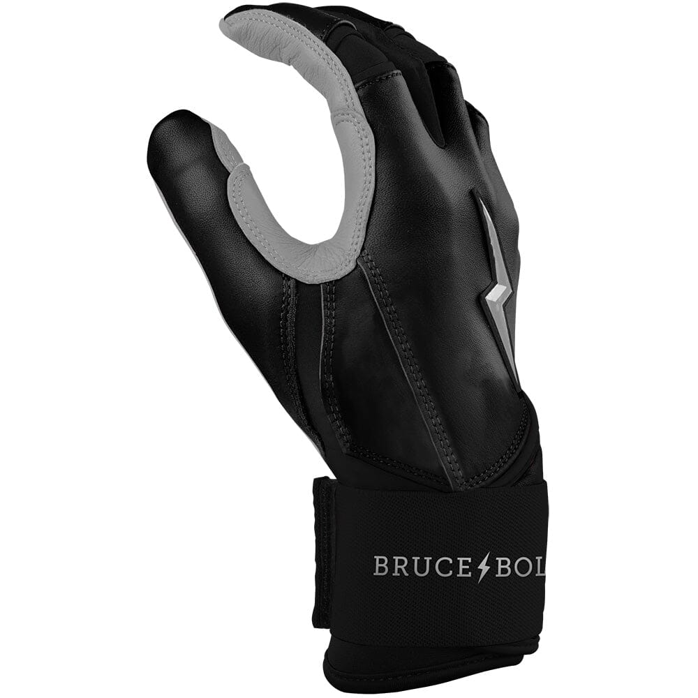 Black and grey batting glove with a long wrist cuff and white Bruce Bolt logo.