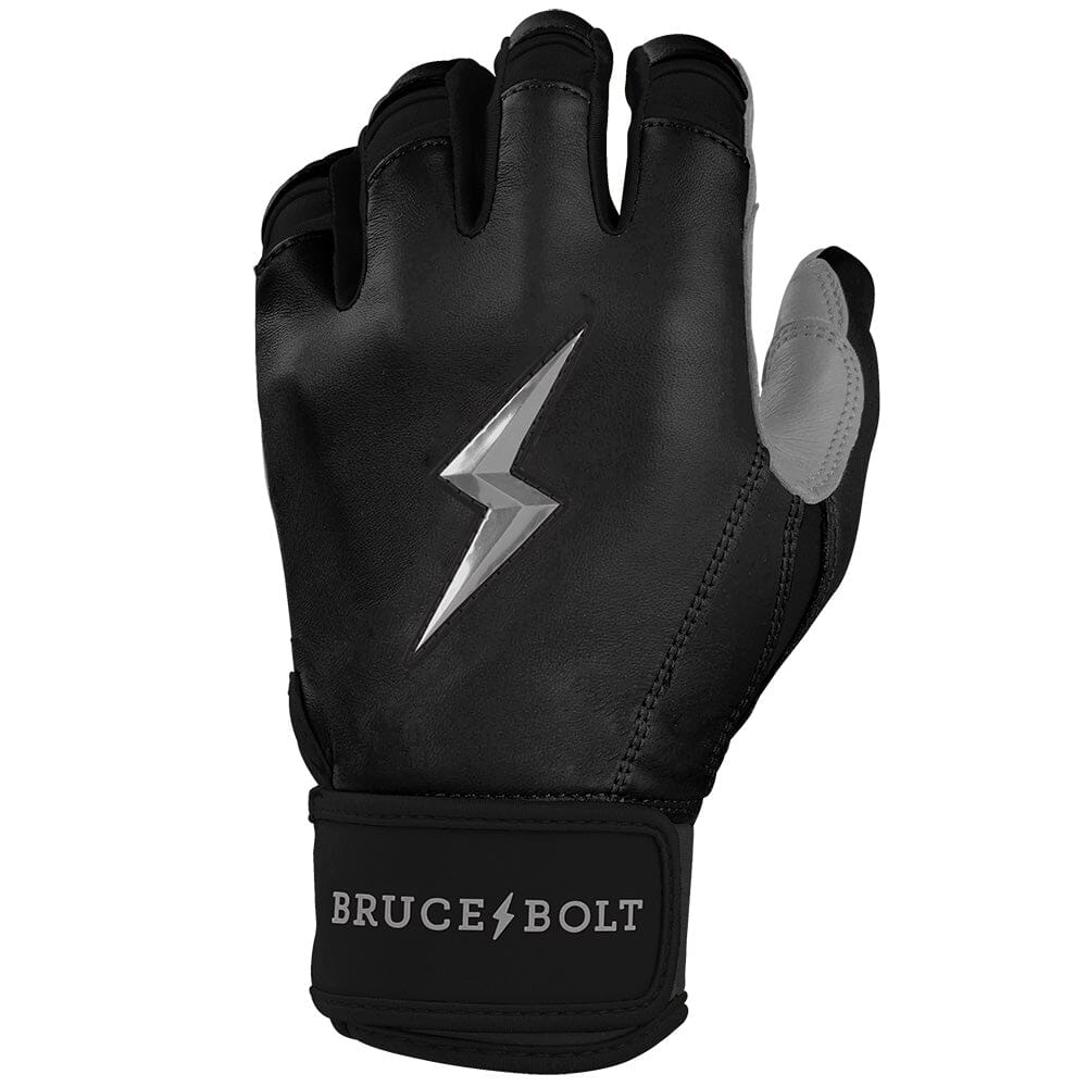 Black batting glove with a silver lightning bolt logo and Bruce Bolt branding on the wrist strap.