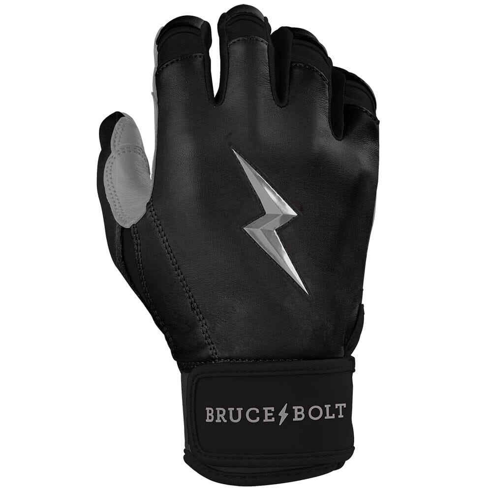 Black batting glove with a silver lightning bolt logo and Bruce Bolt branding on the wrist strap.