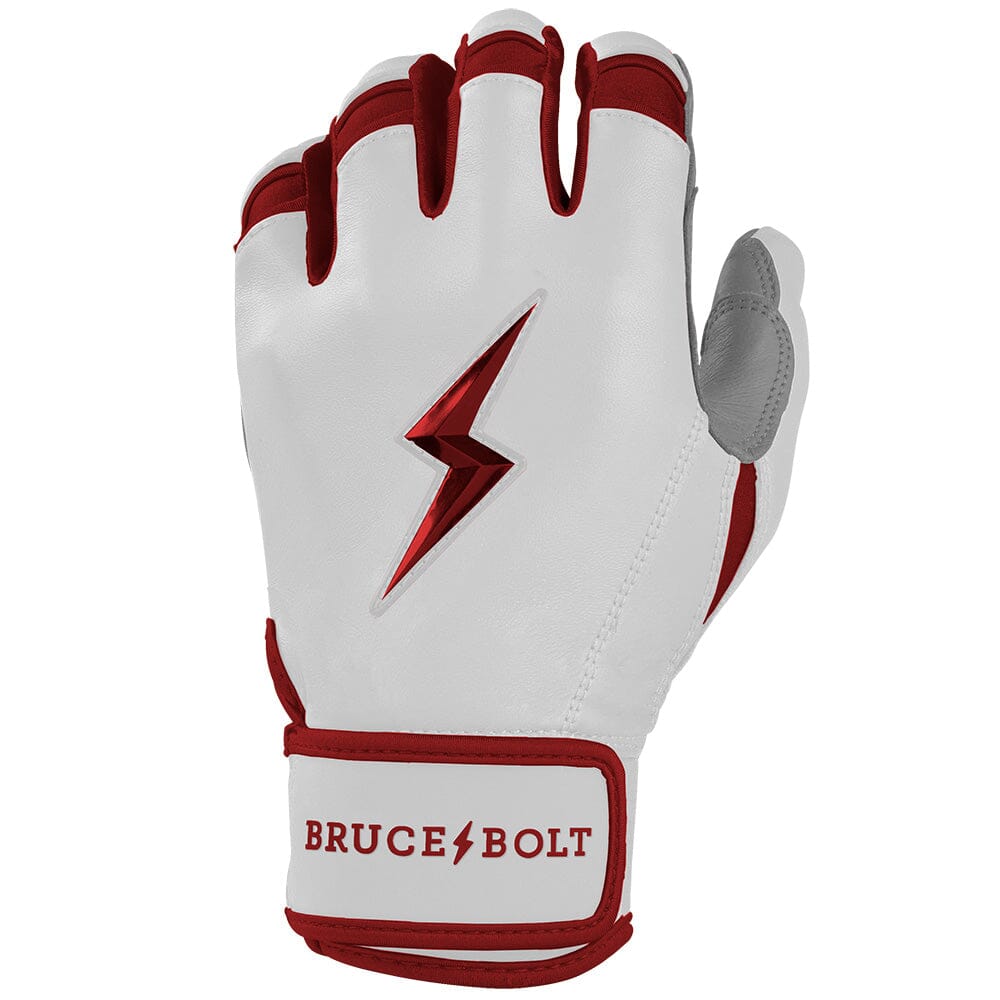 White and maroon batting glove with a metallic red lightning bolt logo and Bruce Bolt text on the wrist strap.