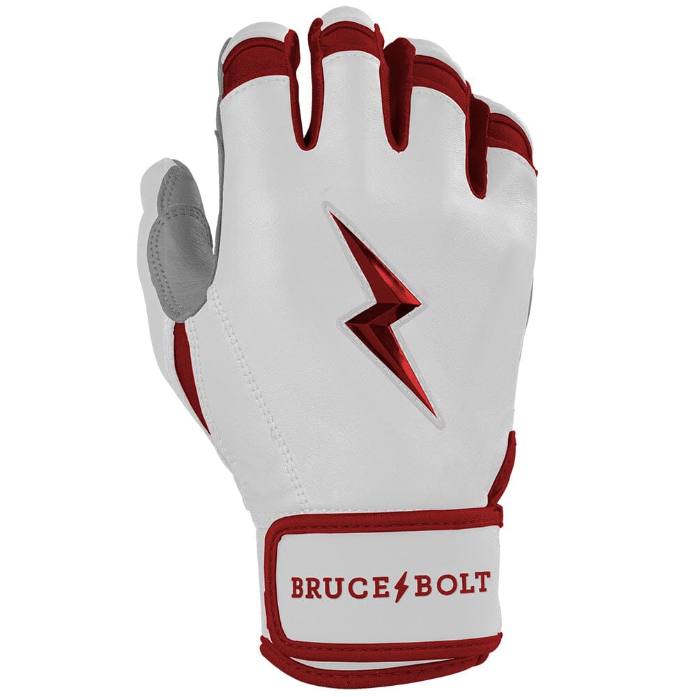 White and maroon batting glove with a metallic red lightning bolt logo and Bruce Bolt text on the wrist strap.