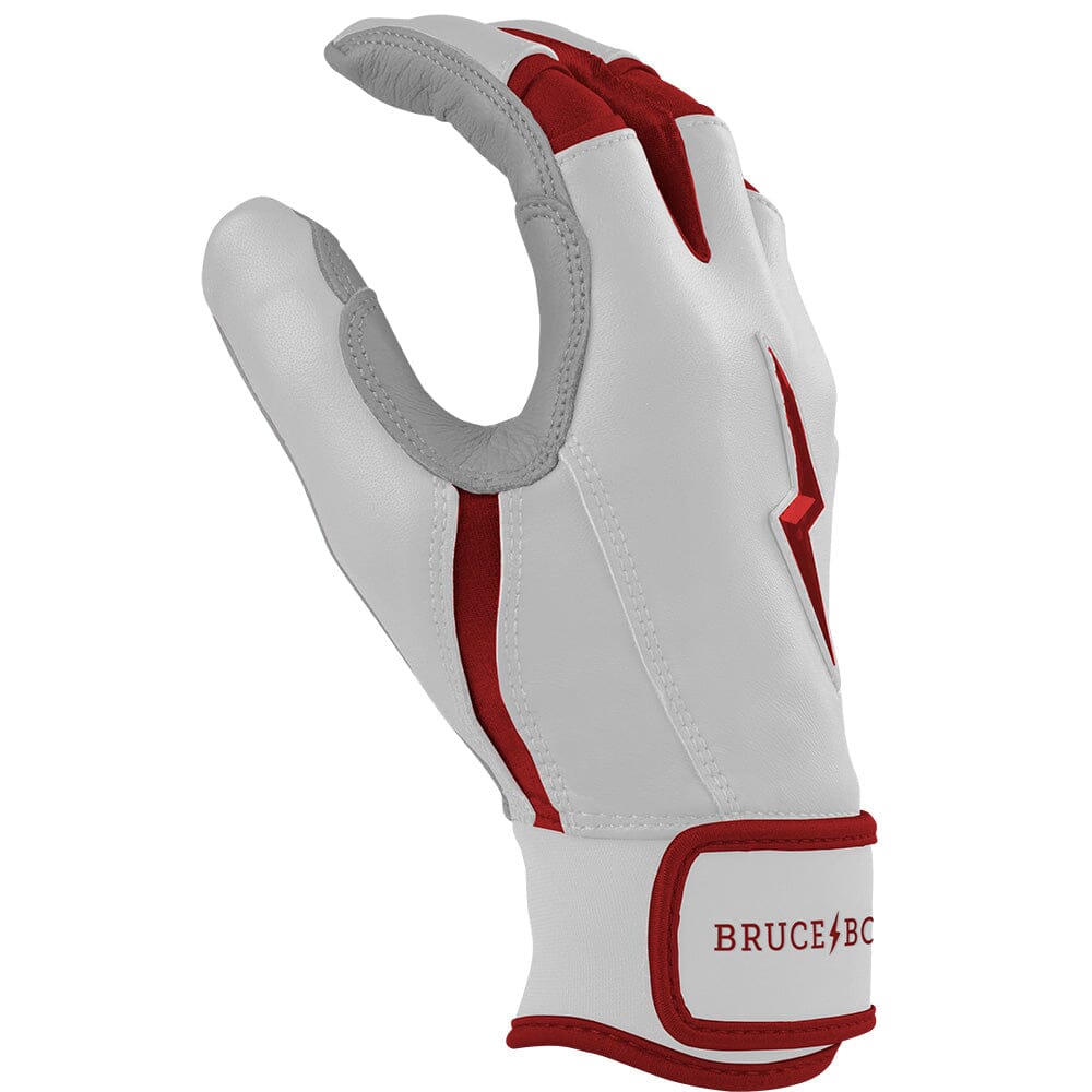White and maroon batting glove with a chrome lightning bolt logo and a branded wrist strap