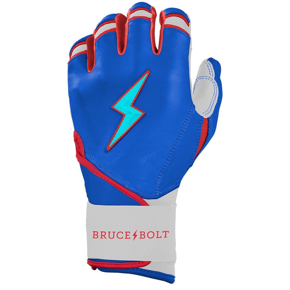 Blue and white batting glove with a light blue lightning bolt logo and red trim on the wrist strap.