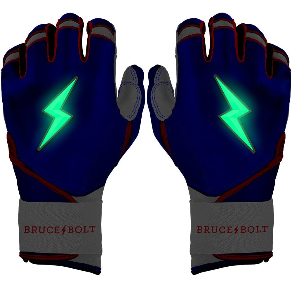 Pair of blue and grey long cuff batting gloves with glowing green lightning bolt logos and red trim.