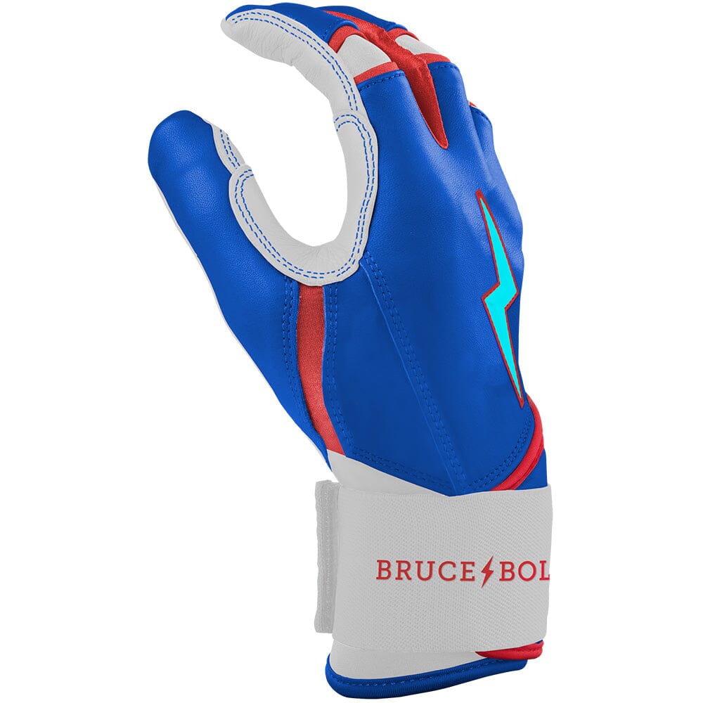 Blue, white, and red long cuff batting glove with a light blue lightning bolt logo and Bruce Bolt branding on the wrist.