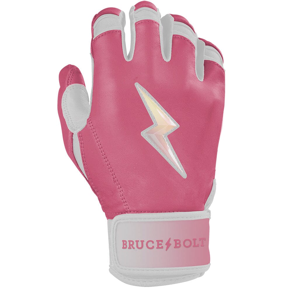 Dusty pink and white short cuff batting glove featuring a lightning bolt logo and Bruce Bolt branding on the wristband.