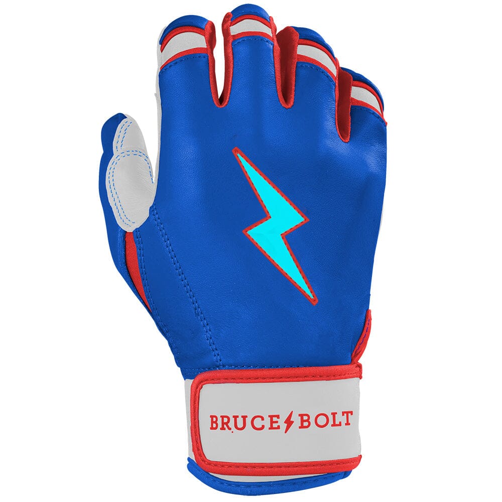 Blue batting glove with a light blue lightning bolt logo and a white wrist strap reading Bruce Bolt in red.