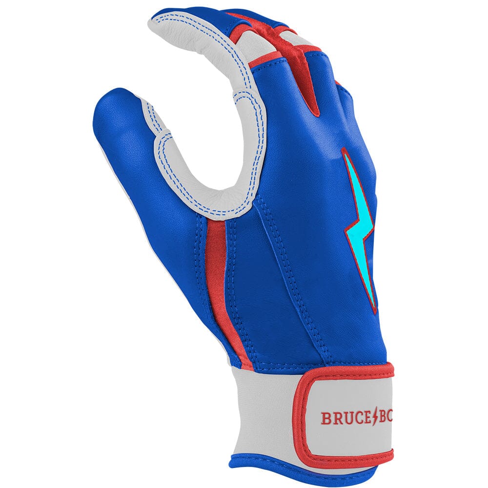 Blue, white, and red batting glove with a light blue lightning bolt logo on the back of the hand