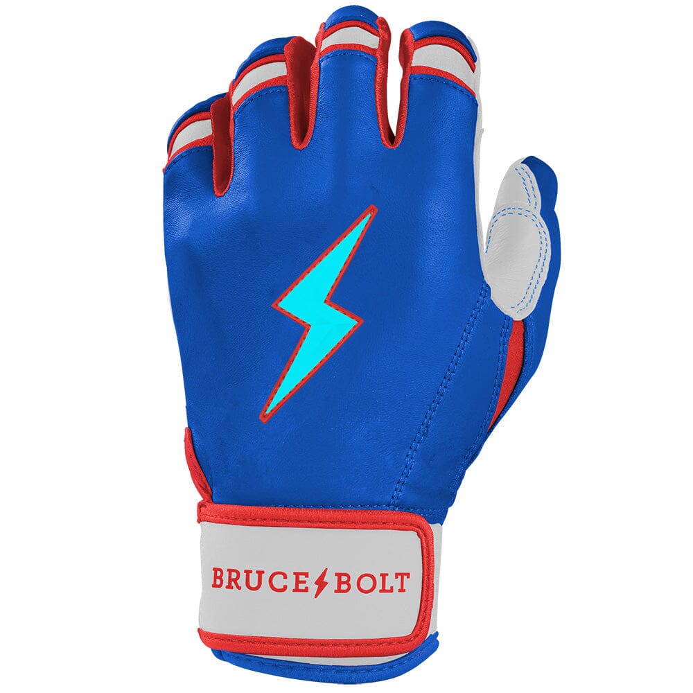 Blue short cuff batting glove with a light blue lightning bolt logo and red trim on a white wrist strap.