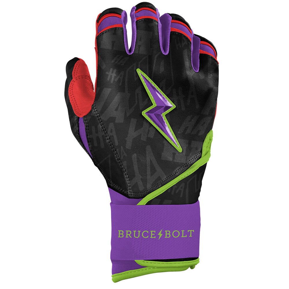 Black long cuff batting glove with purple and red accents, a purple lightning bolt logo, and subtle text on the back.
