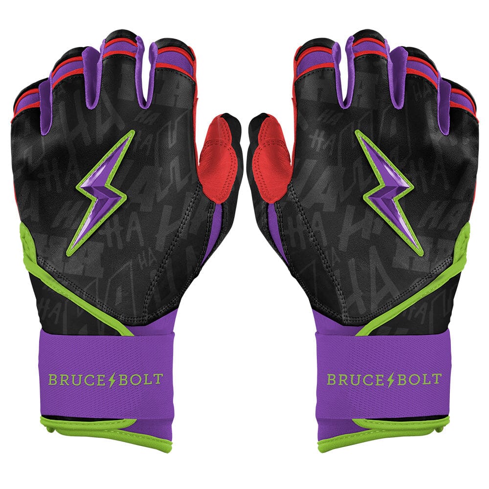 Pair of black long cuff batting gloves with purple and red accents, featuring a lightning bolt logo and Bruce Bolt branding.