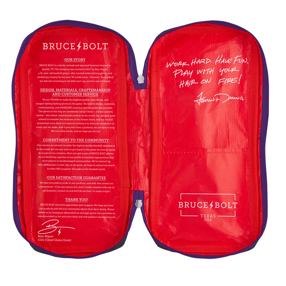 Open red and purple zippered pouch with white text printed inside.