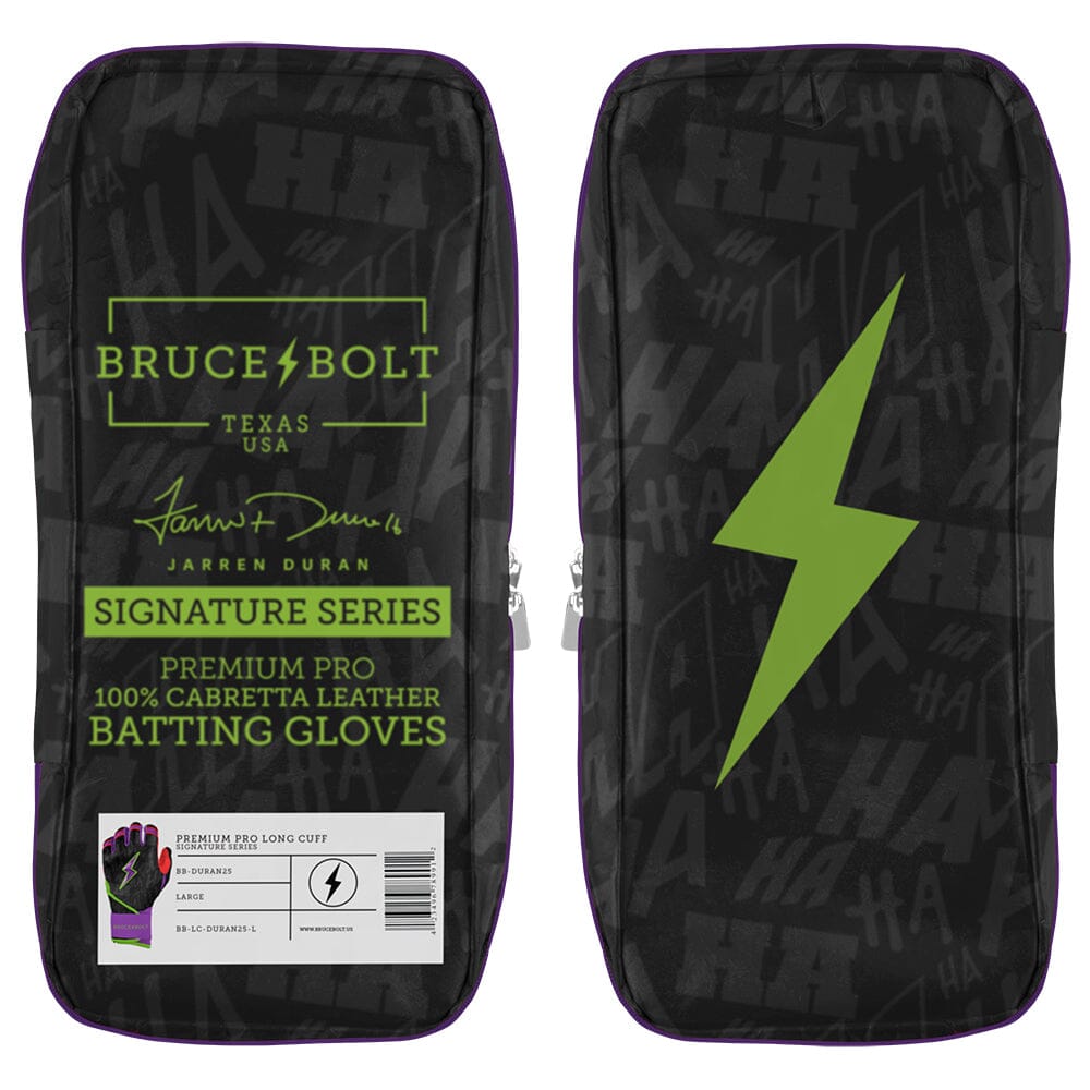 Black Bruce Bolt signature series batting gloves packaging with green text and a green lightning bolt.
