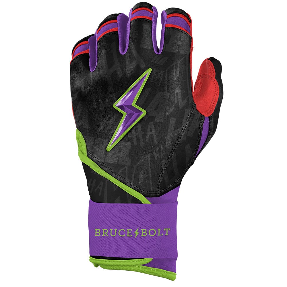 Black, purple, and red long cuff batting glove with a green and purple lightning bolt logo and Bruce Bolt text.