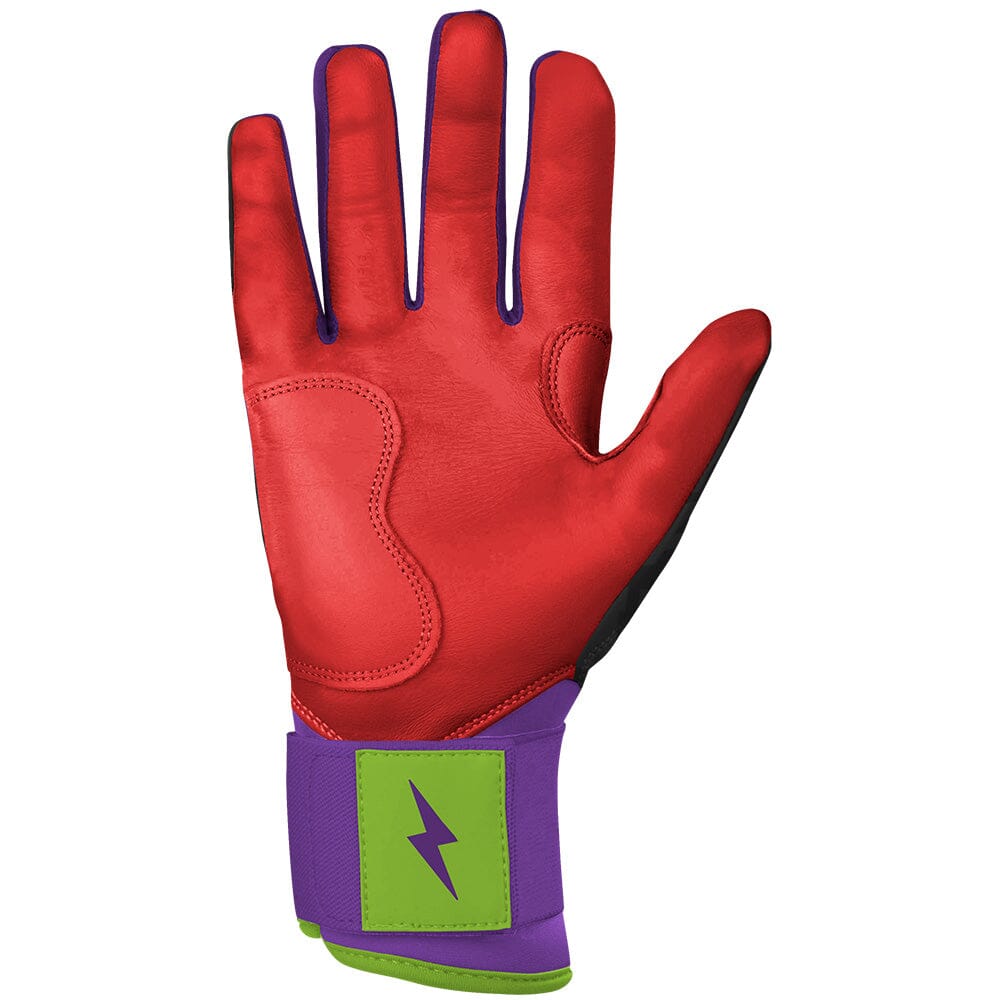 Red batting glove with a purple and green wrist strap featuring a lightning bolt logo.