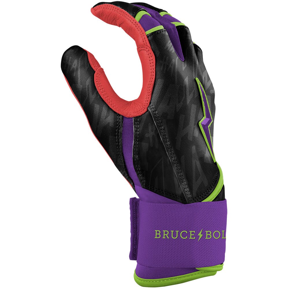 Black, purple, and red long cuff batting glove with green accents and Bruce Bolt branding.