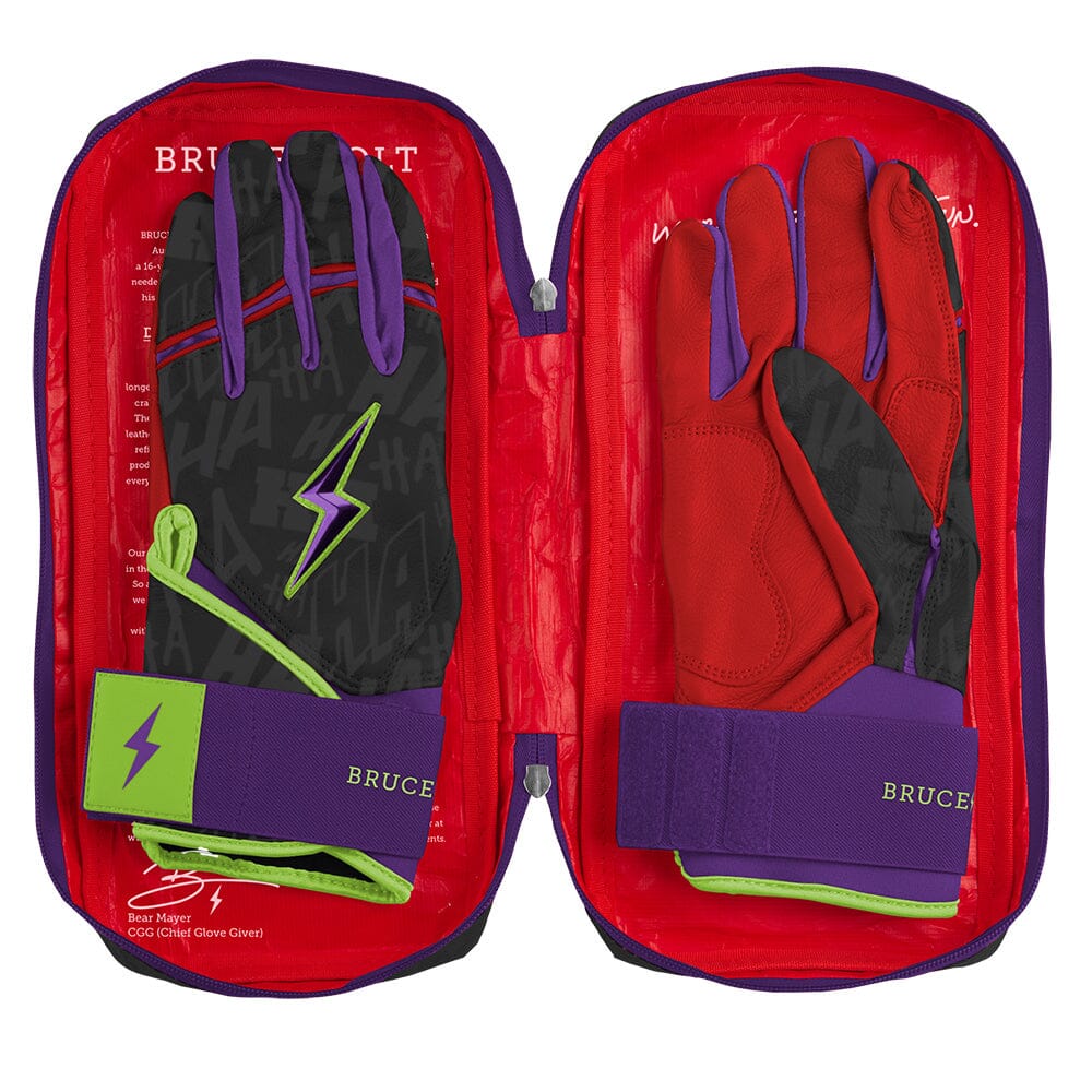 Pair of black, purple, red, and green batting gloves displayed inside an open carrying case.