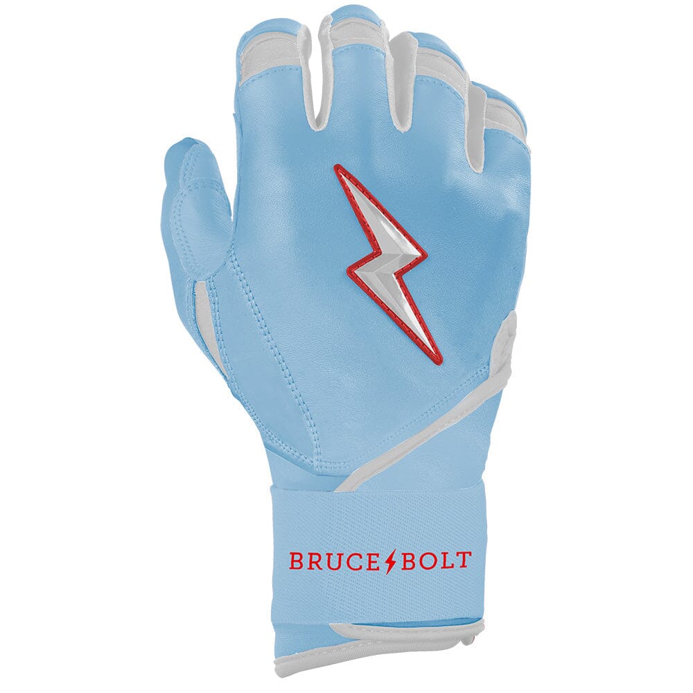Baby blue long-cuff batting glove featuring a silver lightning bolt logo outlined in red.