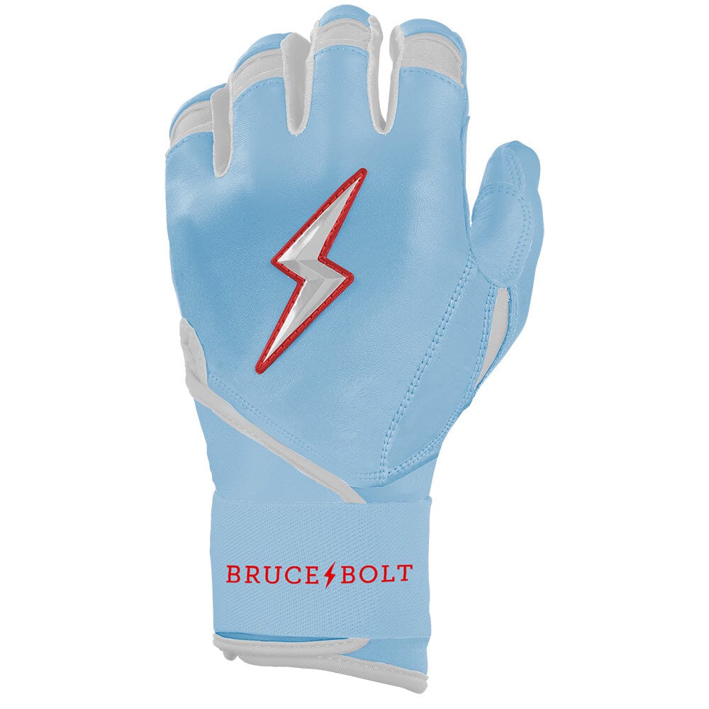 Baby blue batting glove with silver lightning bolt logo and Bruce Bolt branding on the cuff.
