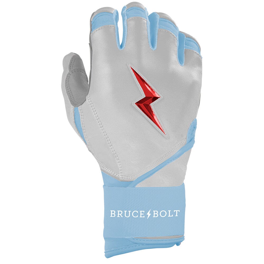 White and light blue batting glove with a metallic red lightning bolt logo and Bruce Bolt text on the cuff.