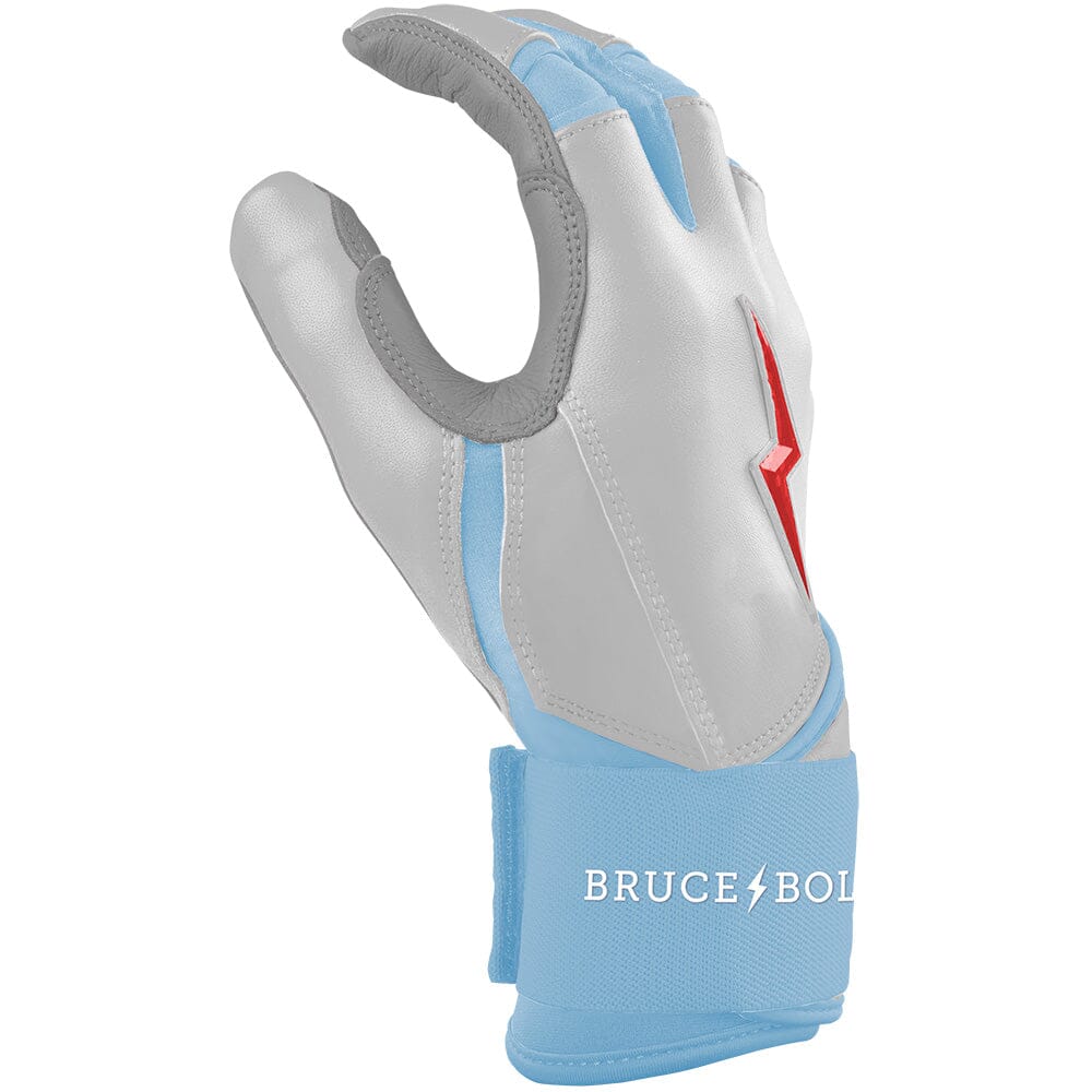 Grey and light blue batting glove with a long cuff and a red lightning bolt logo on the back.