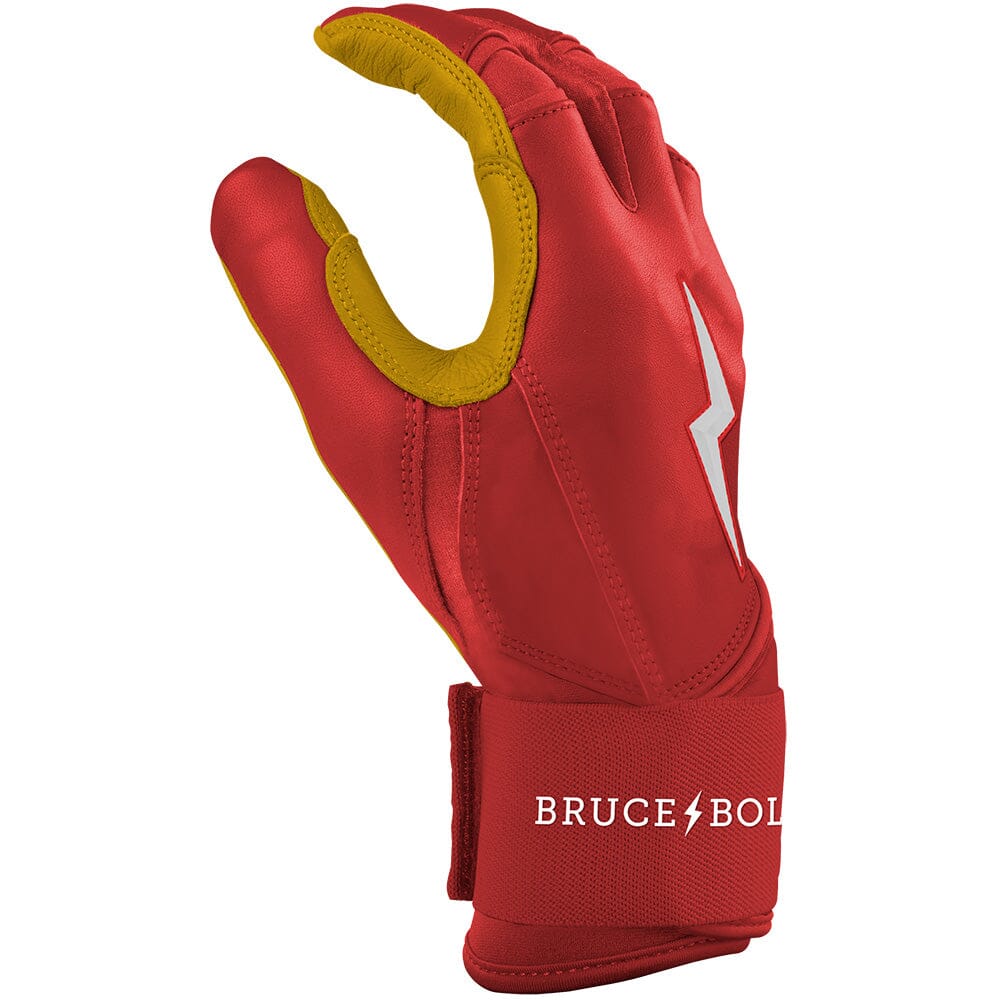 Red long-cuff batting glove with yellow palm grip and white lightning bolt logo.
