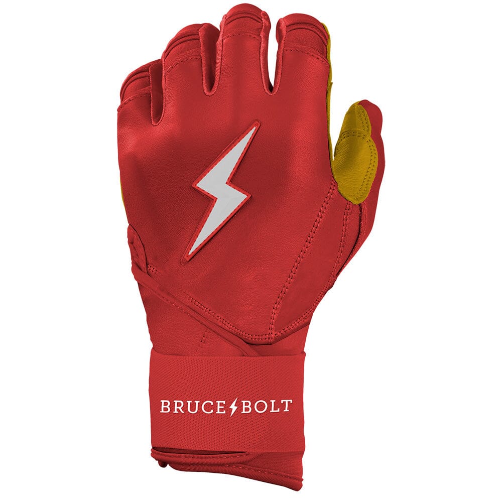 Red batting glove with long wrist cuff, white lightning bolt logo, and Bruce Bolt text branding.