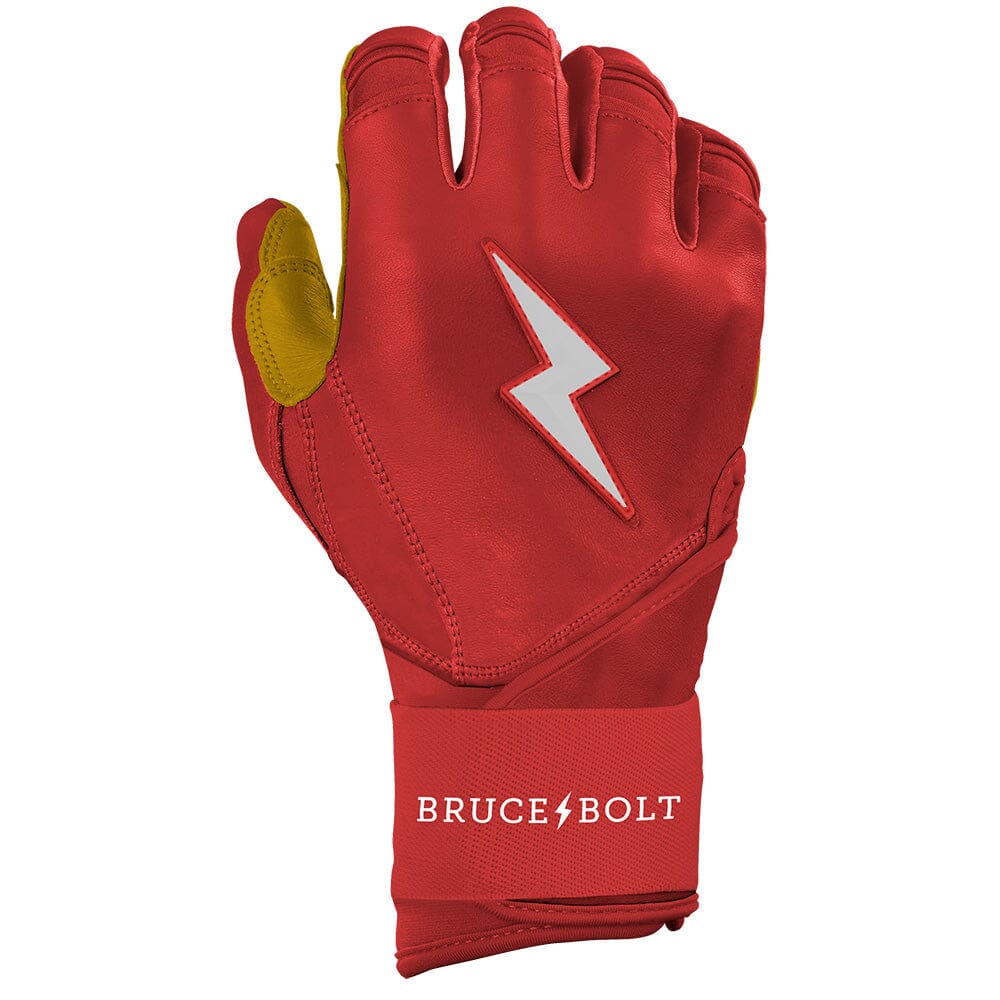 Red long-cuff batting glove featuring a white lightning bolt logo and Bruce Bolt branding on the wristband