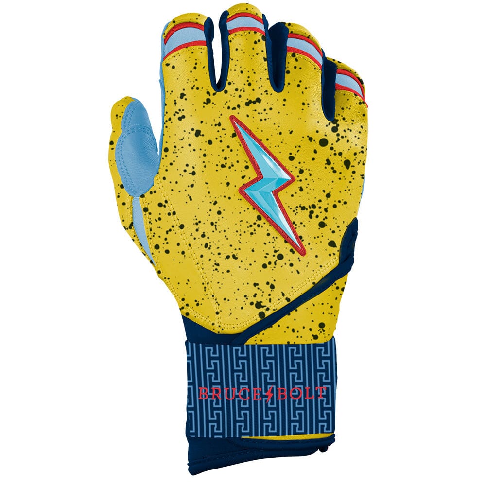 Yellow long cuff batting glove with black speckles, a blue lightning bolt graphic, and blue patterned wristband.