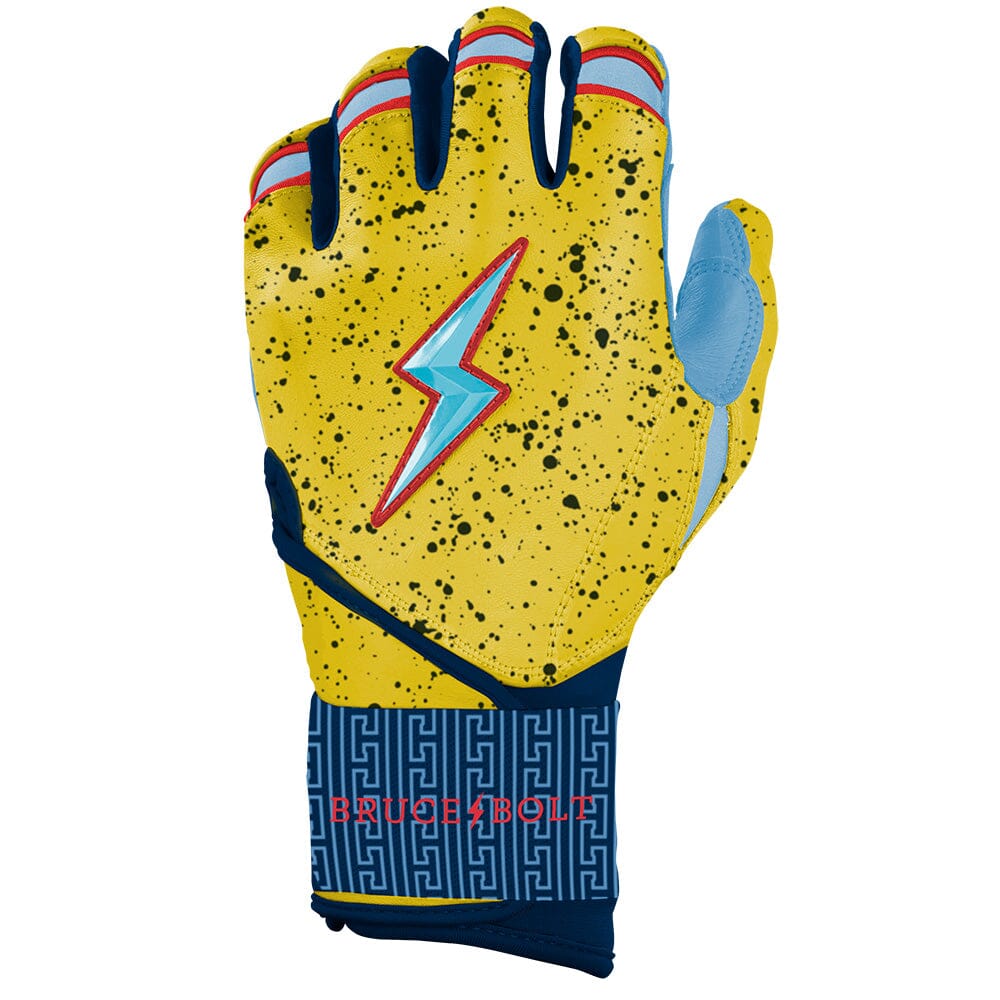 Yellow and blue long-cuff batting glove featuring a black-speckled pattern and a light blue lightning bolt emblem.