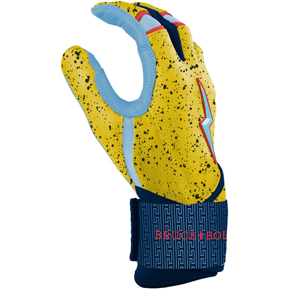 Yellow and light blue long cuff batting glove with black speckles and a blue wrist strap featuring a red logo.