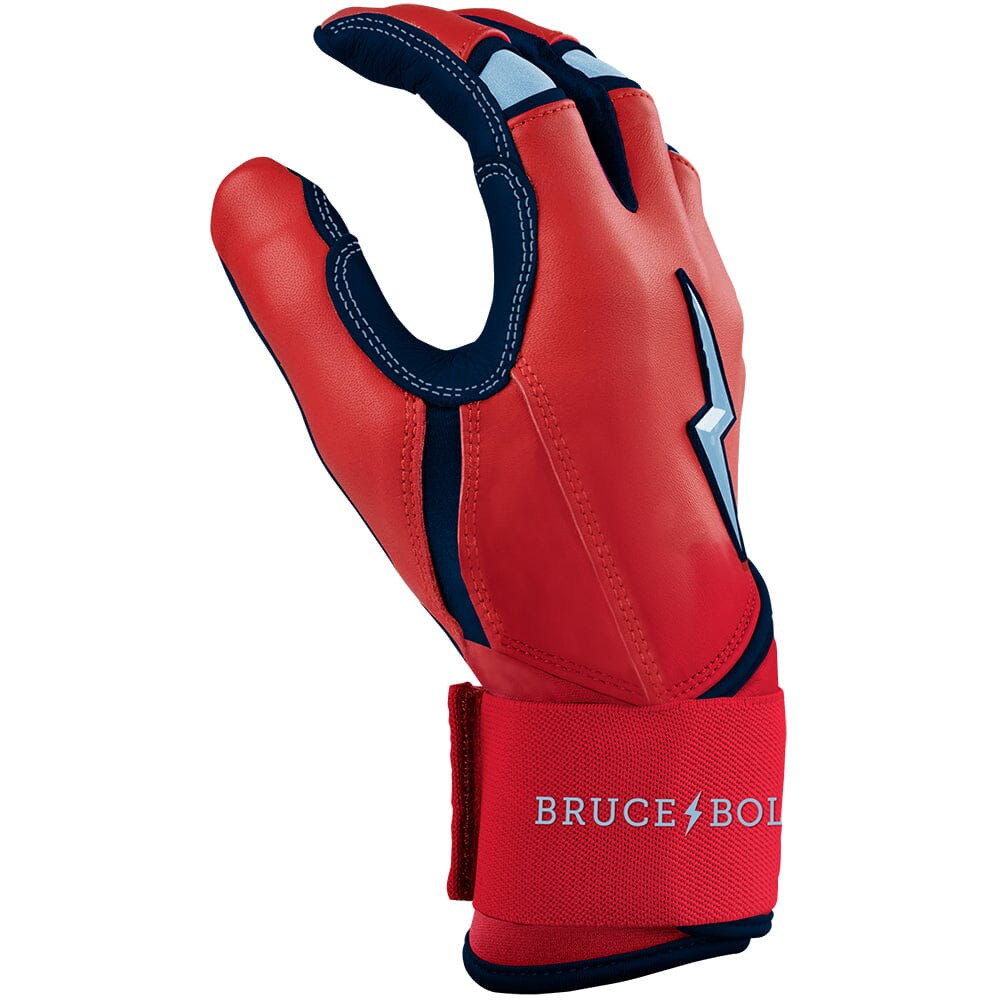 Red and navy blue long cuff batting glove with a lightning bolt logo on the backhand.