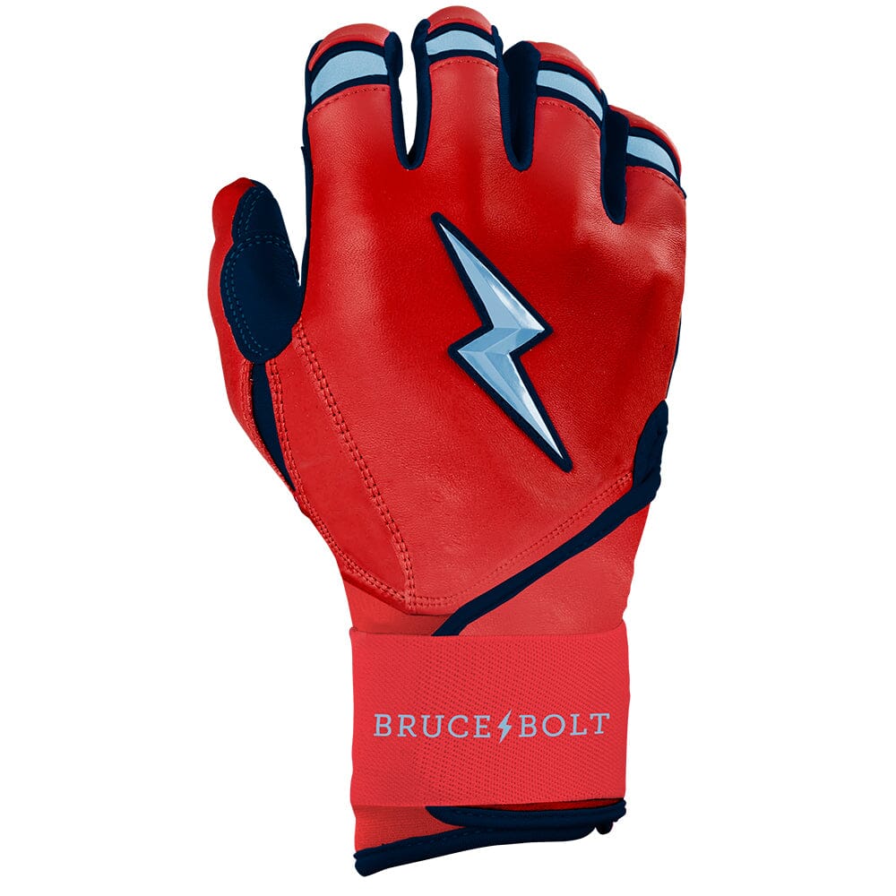 Red and navy batting glove with a light blue lightning bolt logo and long cuff.