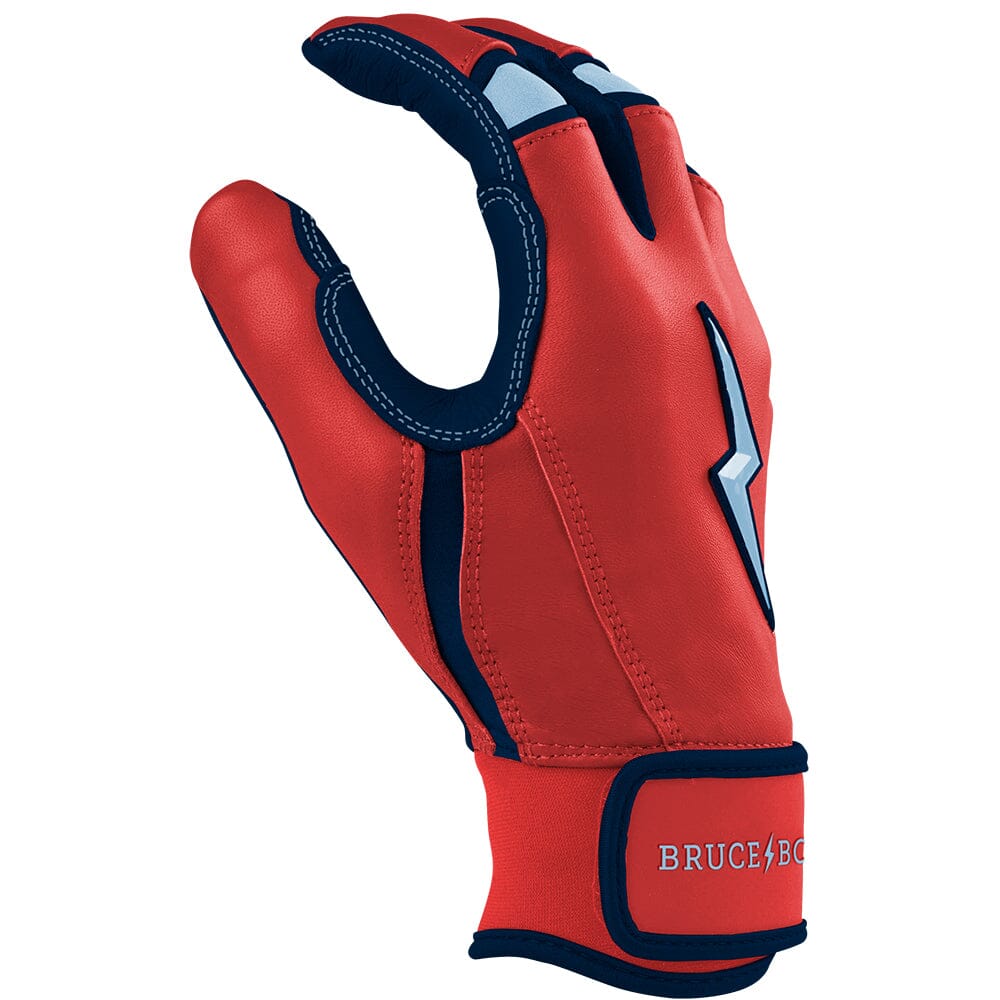 Red and dark blue batting glove with a lightning bolt logo and wrist strap.