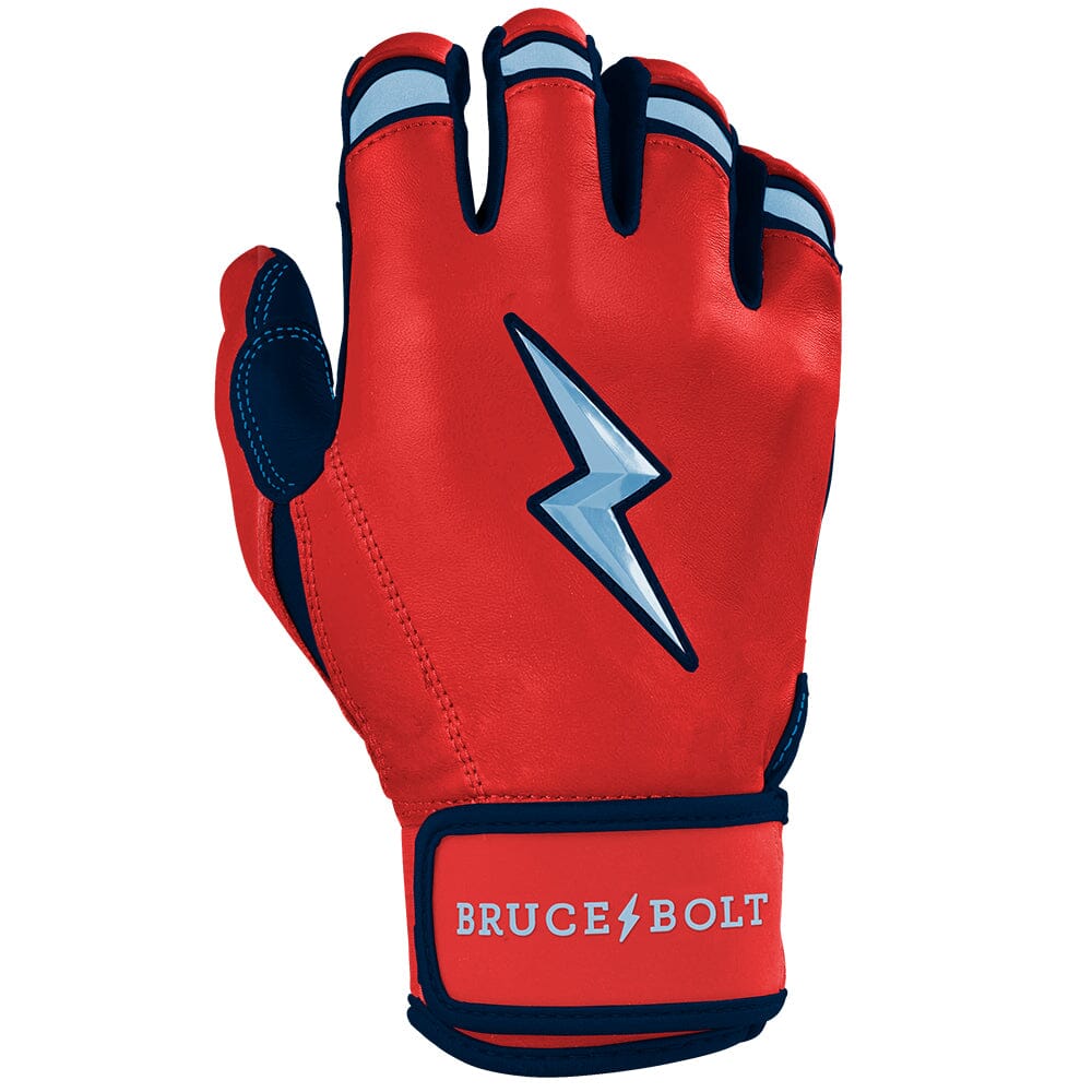 Red batting glove with a light blue lightning bolt logo and Bruce Bolt branding on the wrist strap.