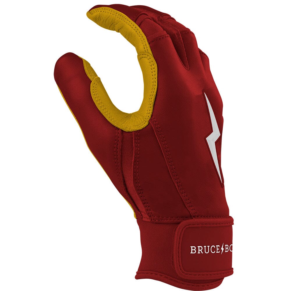 Maroon batting glove with yellow palm and white lightning bolt logo.