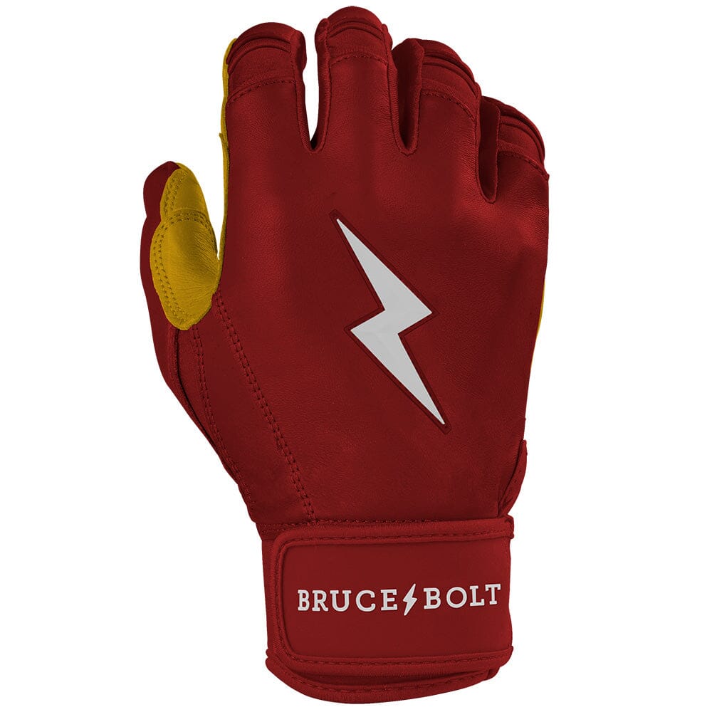 Maroon and gold batting glove with a white lightning bolt logo and the text BRUCE BOLT on the wrist strap.