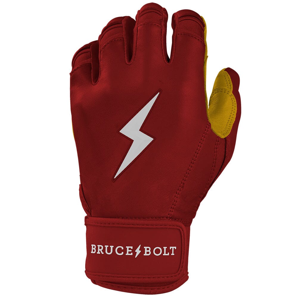 Maroon batting glove featuring a white lightning bolt logo and yellow palm.