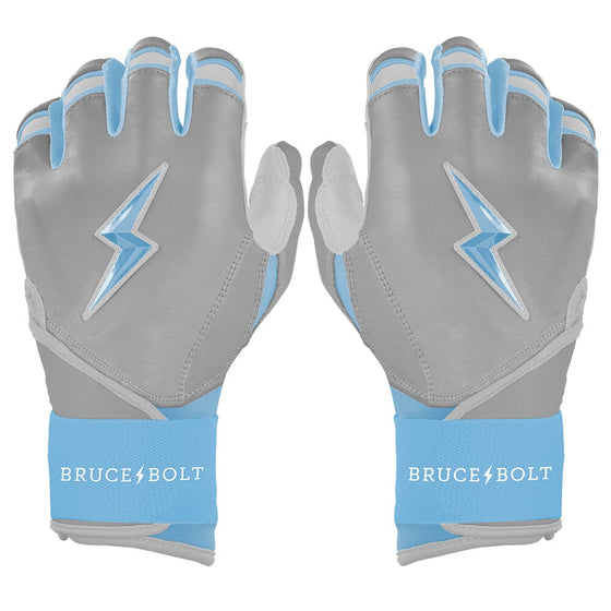 Pair of grey and light blue batting gloves with light blue lightning bolt logos on the back and Bruce Bolt on the wrist.