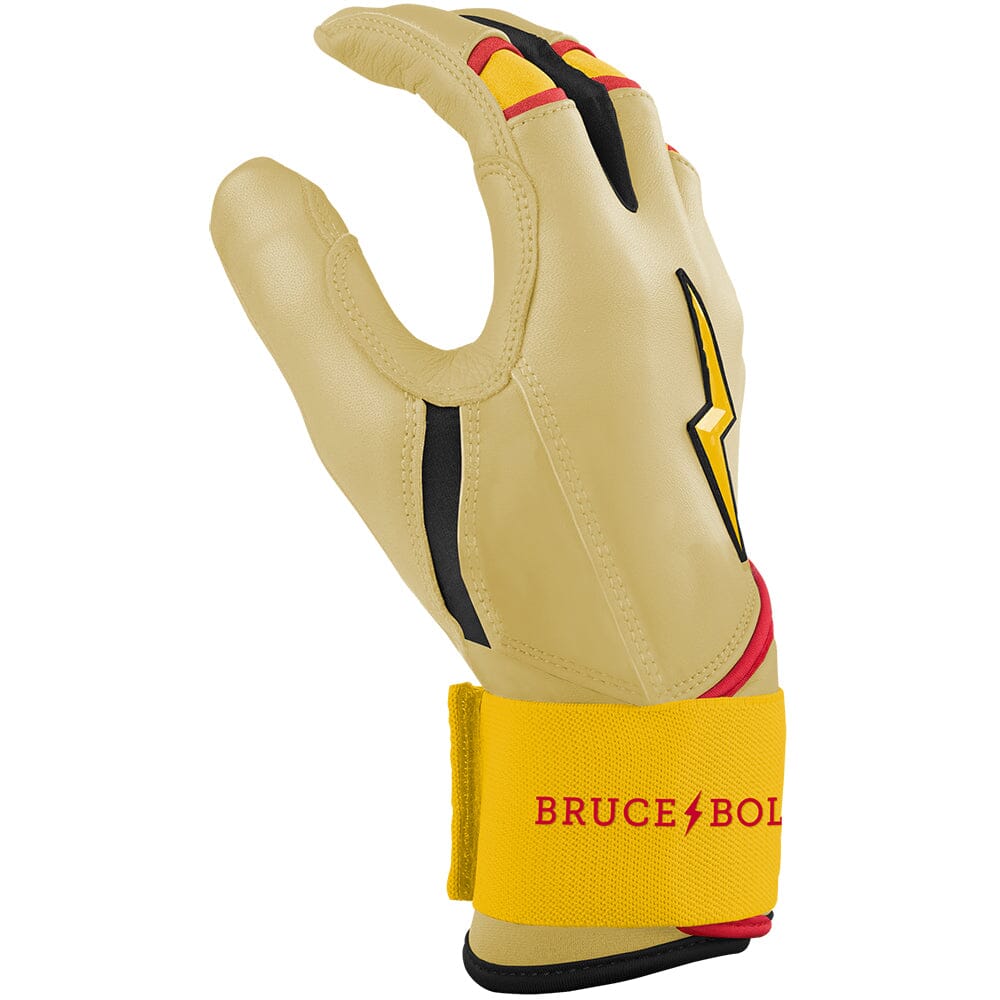 Ivory long cuff batting glove with yellow wrist strap, black accents, and a lightning bolt logo