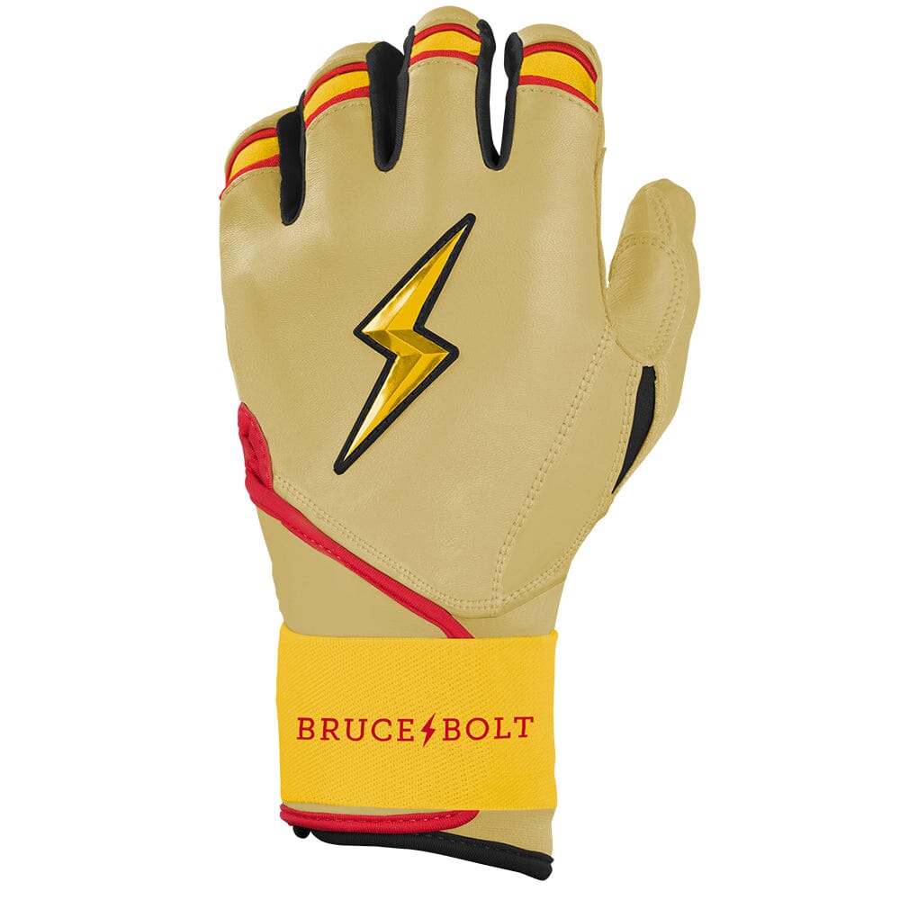 Ivory and yellow batting glove with a yellow lightning bolt logo and red trim on the wrist strap.