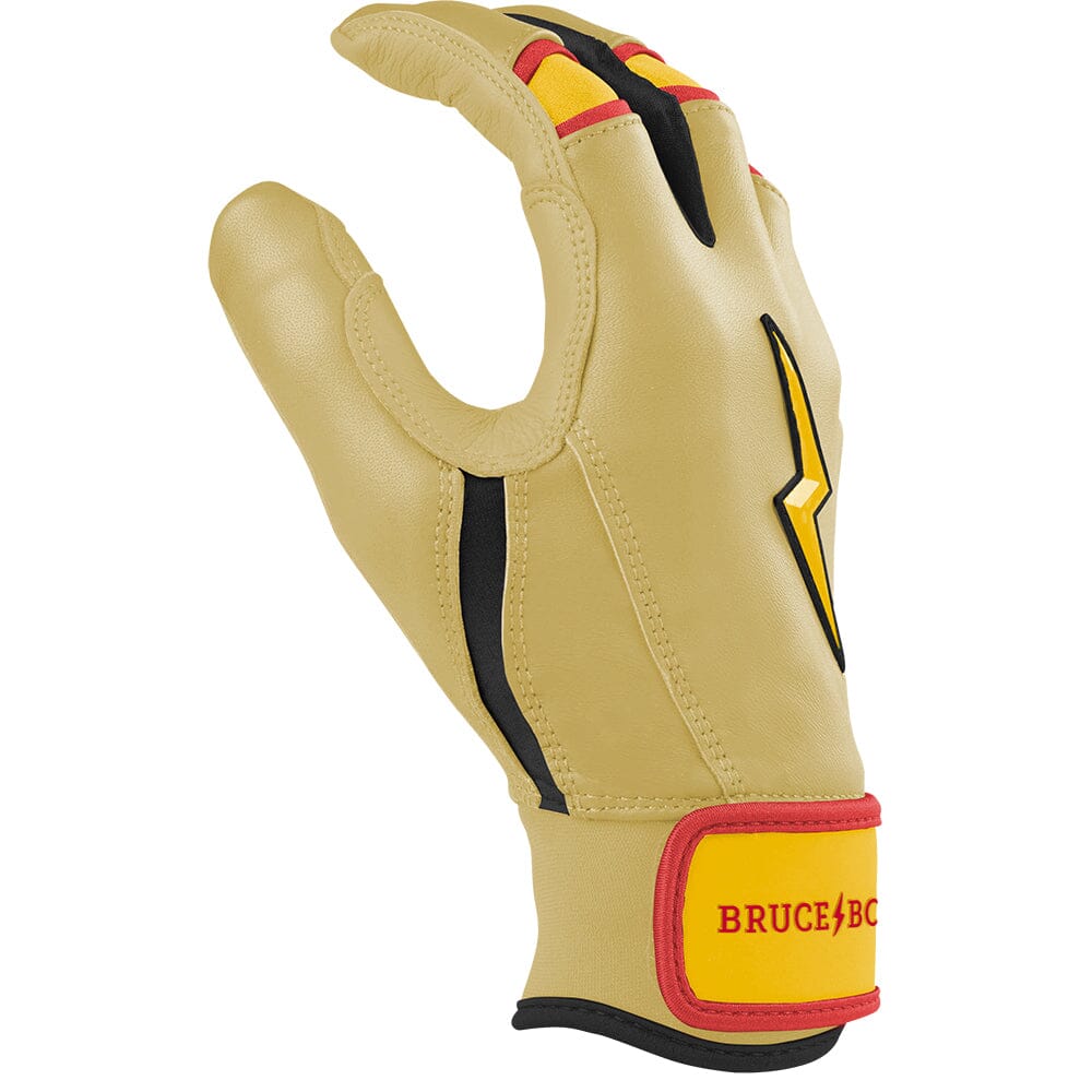 Ivory short-cuff batting glove with a yellow lightning bolt logo and red trim on the wrist strap.